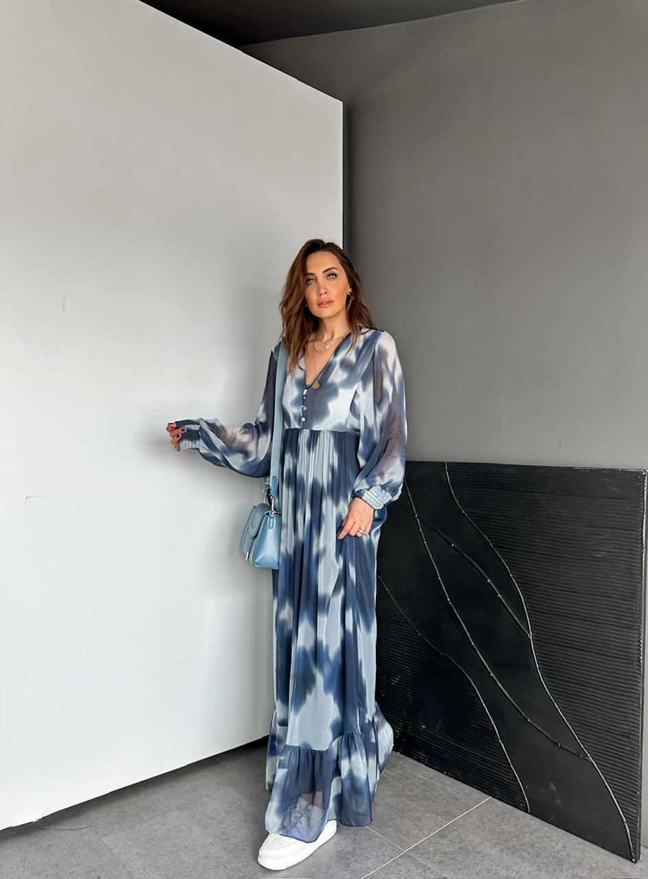 Mavi Batik Desen Düğmeli Uzun Elbise
