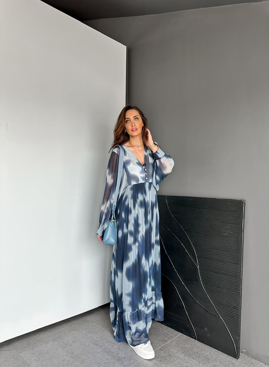 Mavi Batik Desen Düğmeli Uzun Elbise
