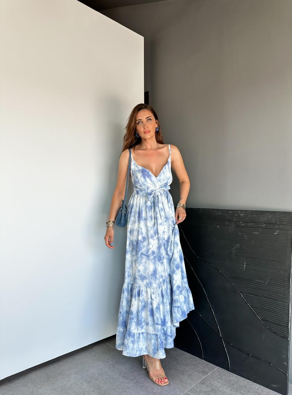 Mavi Batik Desen İp Askılı Elbise