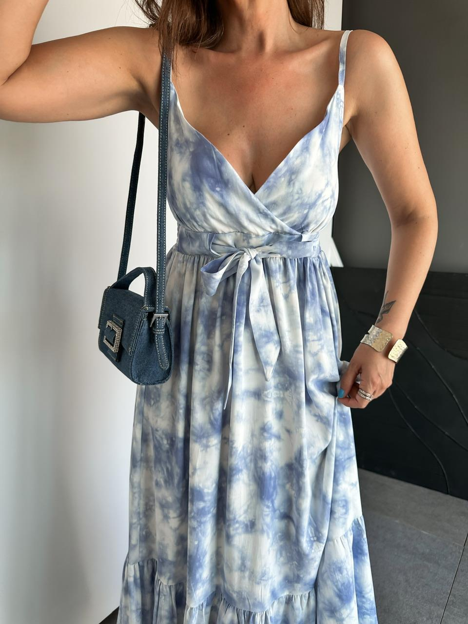 Mavi Batik Desen İp Askılı Elbise