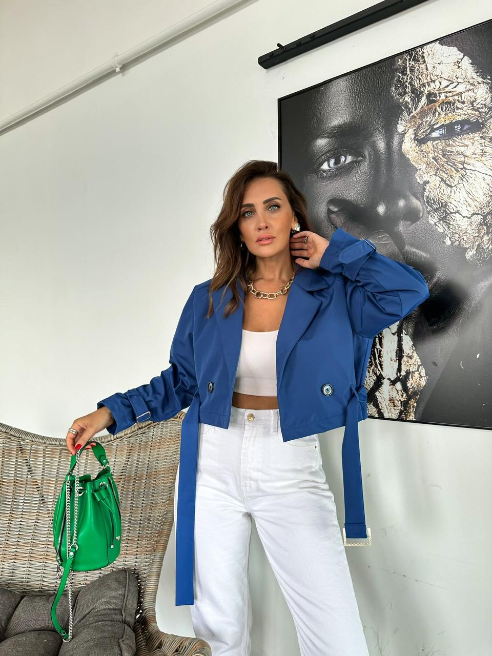 Mavi Beli Kemerli Crop Trençkot