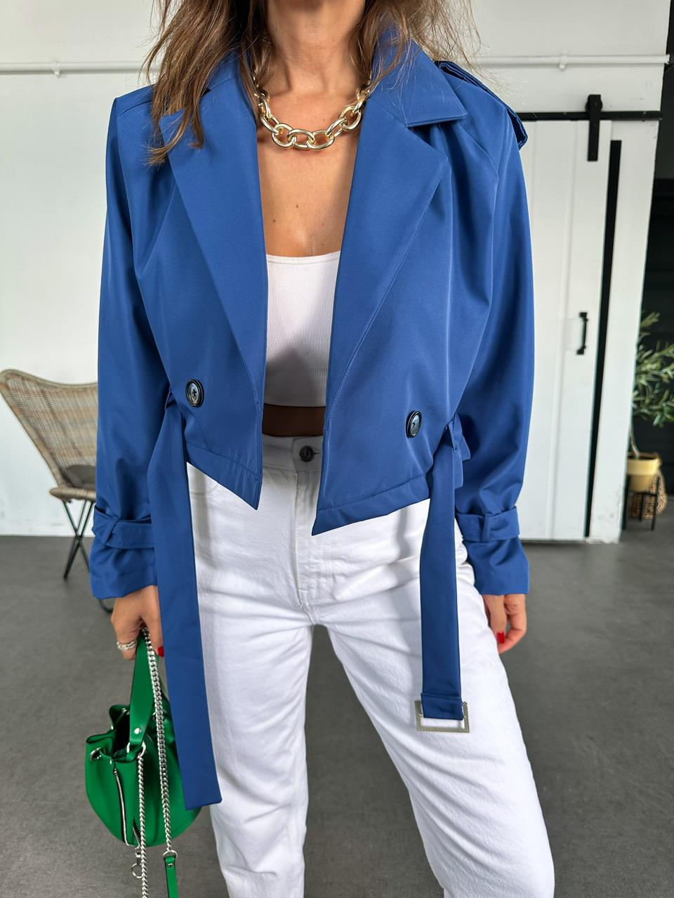 Mavi Beli Kemerli Crop Trençkot