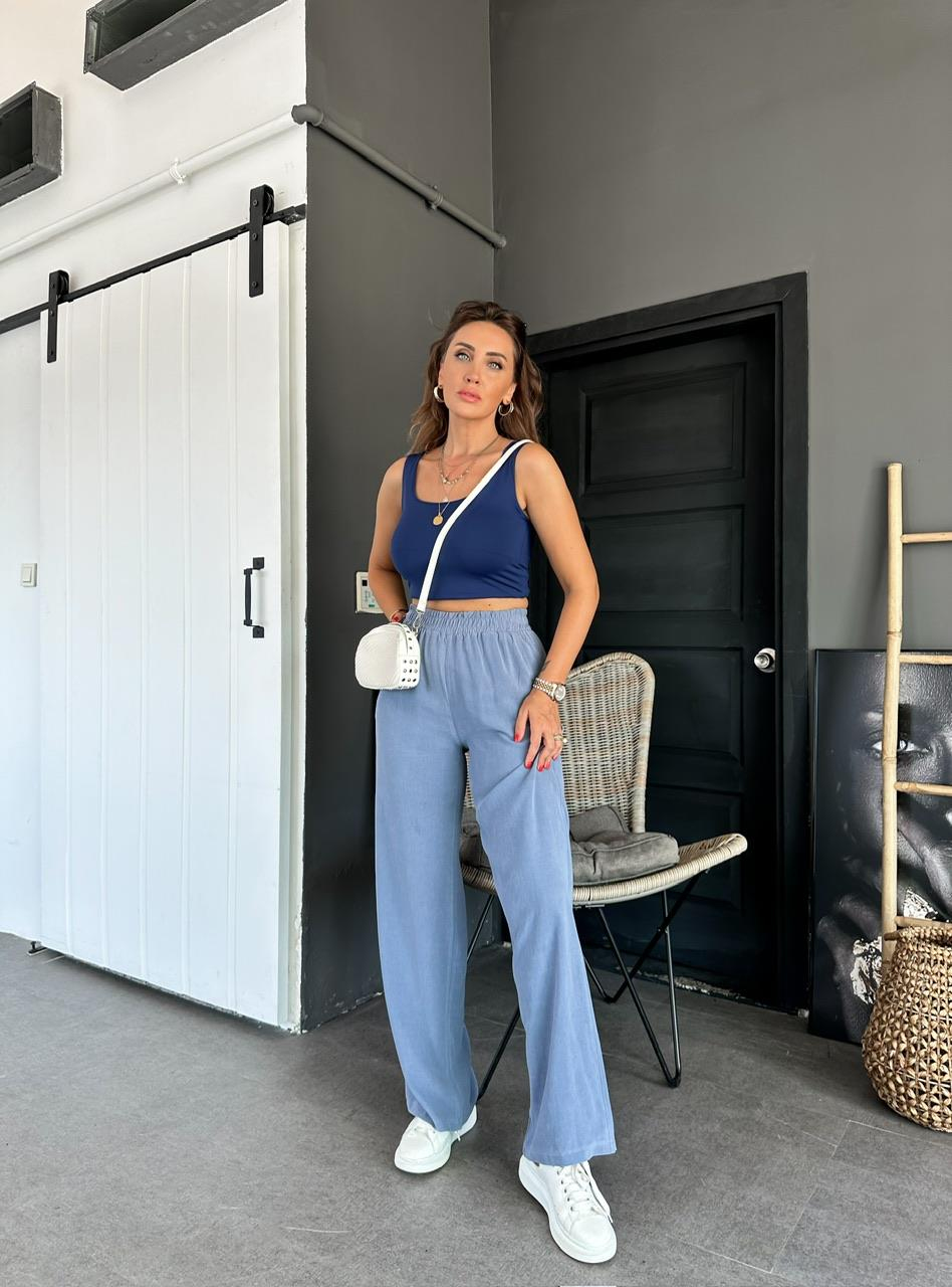 Mavi Beli Lastikli Cotton Bol Pantolon