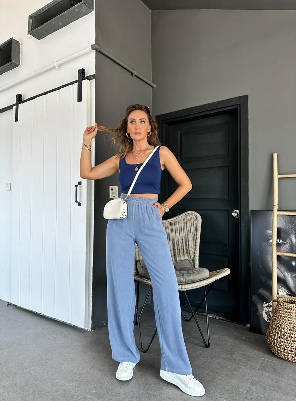 Mavi Beli Lastikli Cotton Bol Pantolon