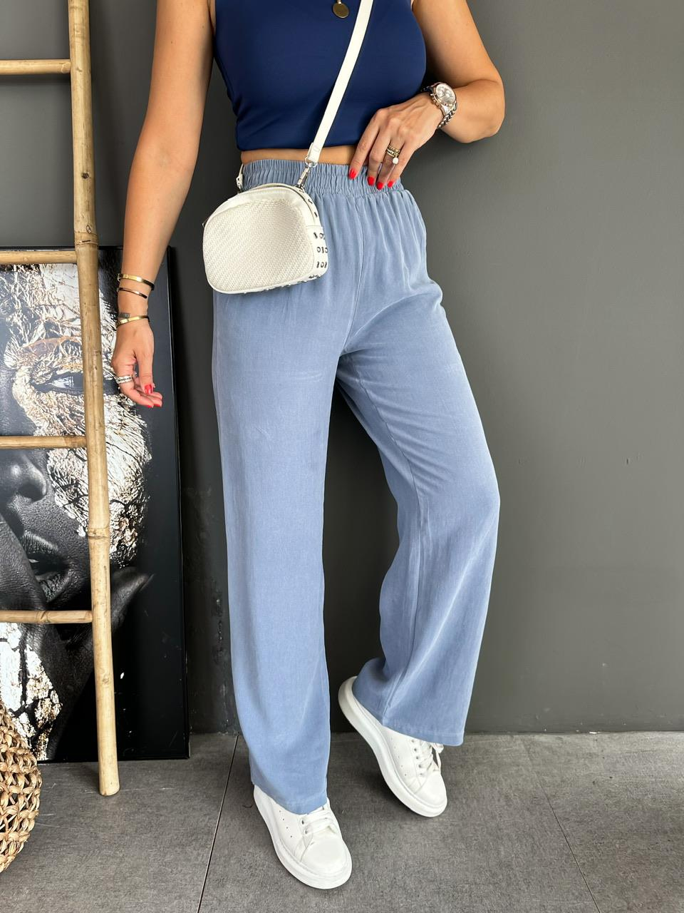 Mavi Beli Lastikli Cotton Bol Pantolon