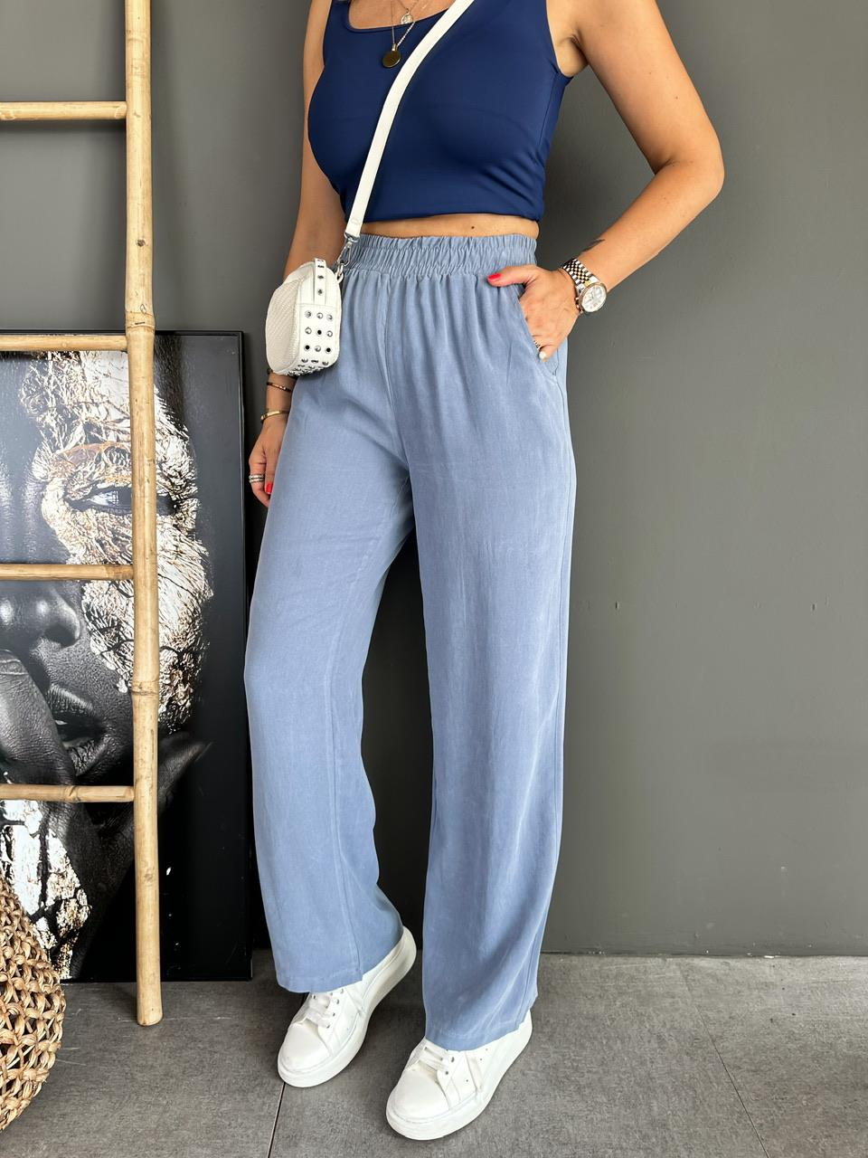 Mavi Beli Lastikli Cotton Bol Pantolon