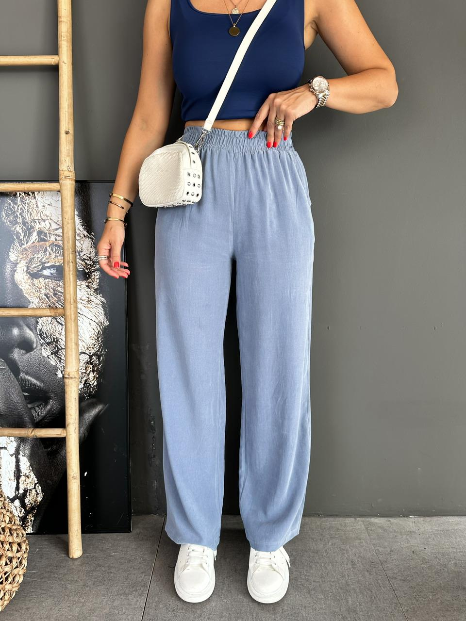 Mavi Beli Lastikli Cotton Bol Pantolon