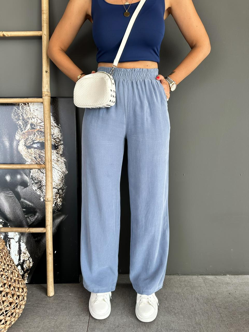 Mavi Beli Lastikli Cotton Bol Pantolon