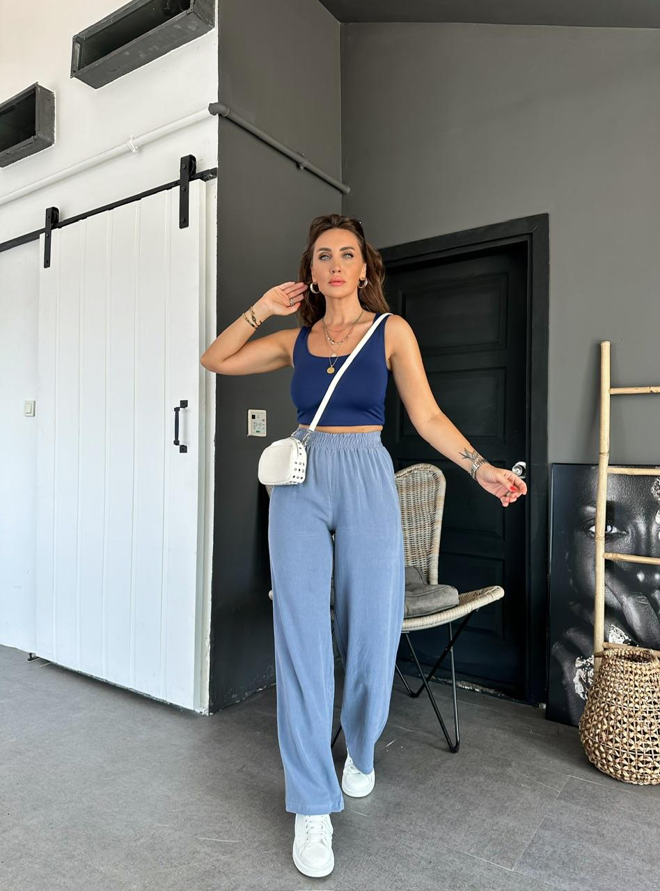 Mavi Beli Lastikli Cotton Bol Pantolon