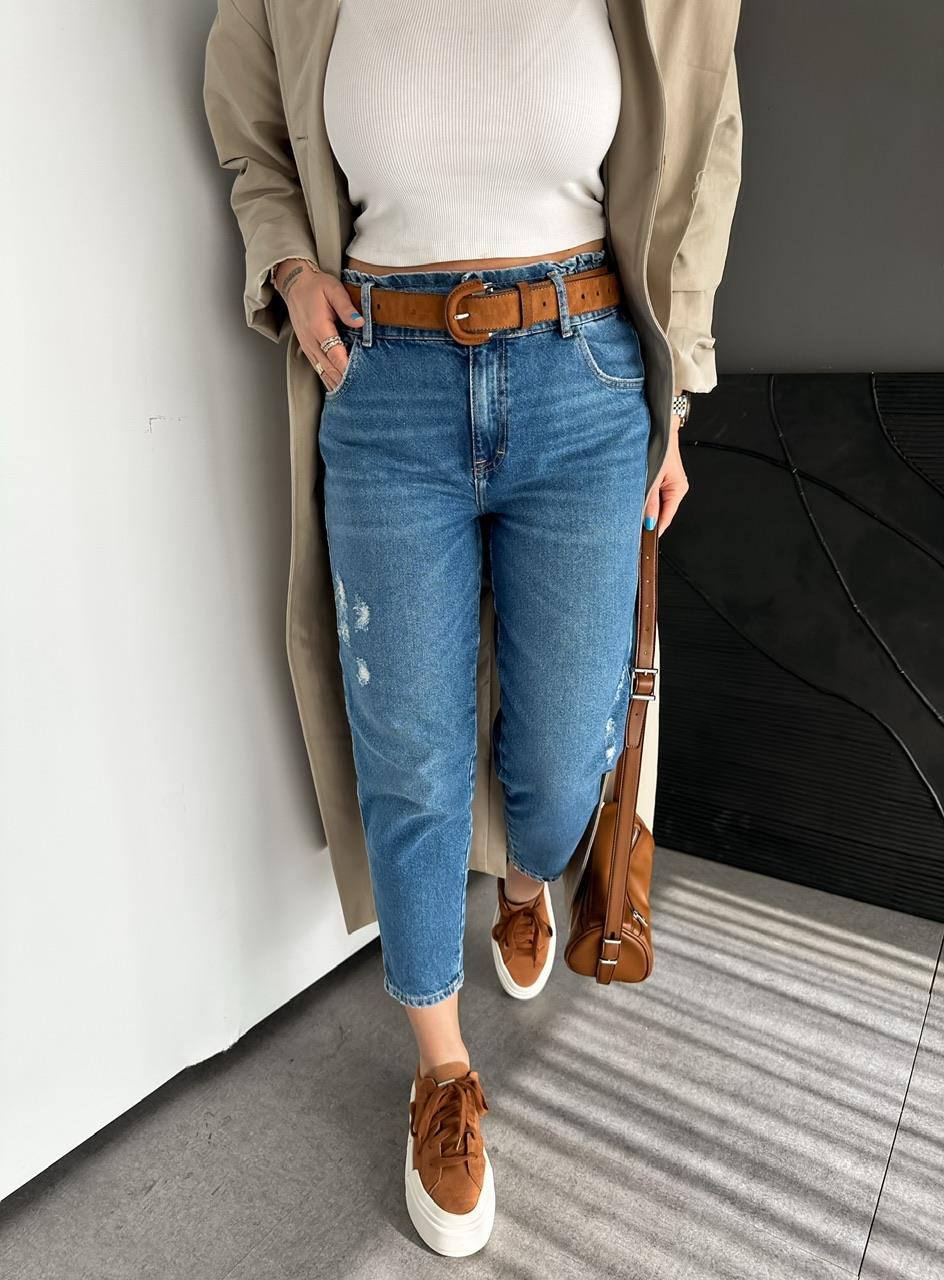 Mavi Beli Lastikli Orijinal Mom Jean
