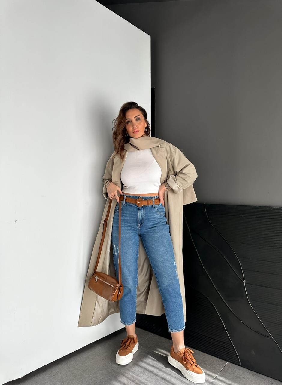 Mavi Beli Lastikli Orijinal Mom Jean