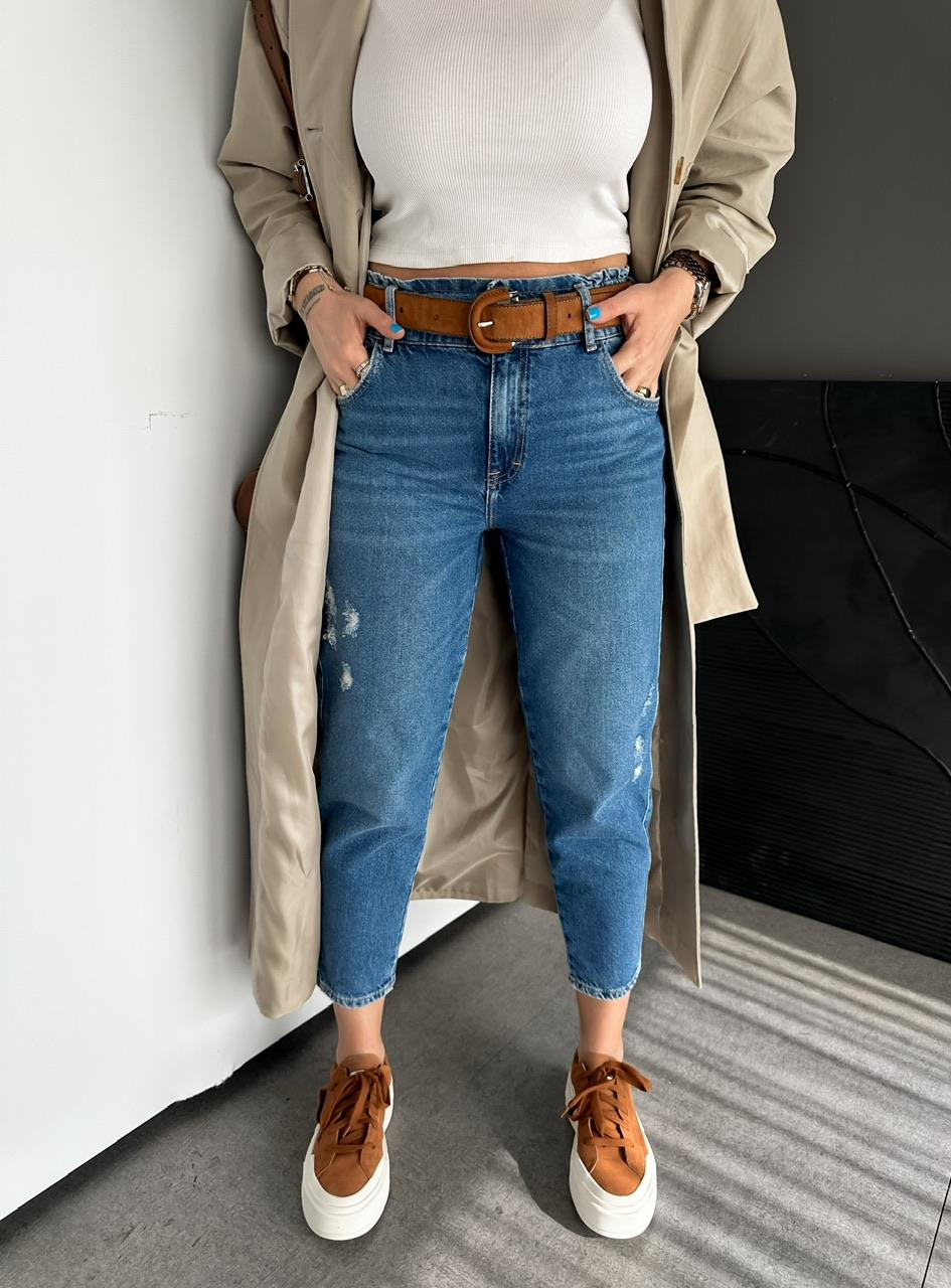 Mavi Beli Lastikli Orijinal Mom Jean