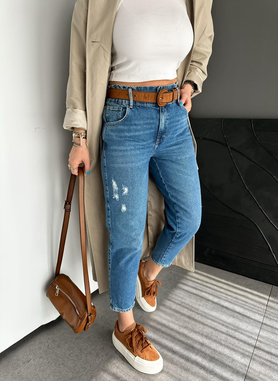 Mavi Beli Lastikli Orijinal Mom Jean