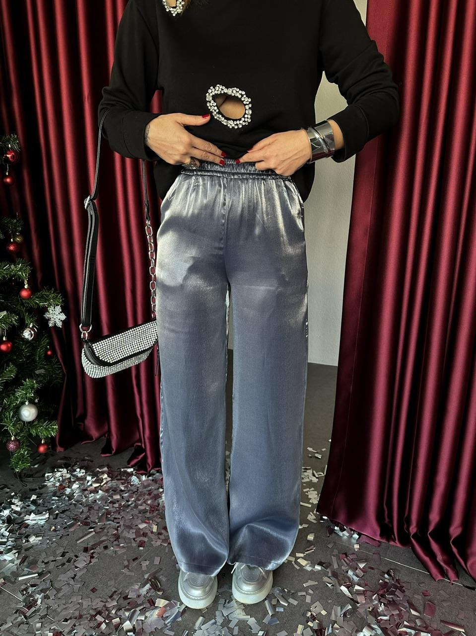 Mavi Beli Lastikli Parlak Pantolon
