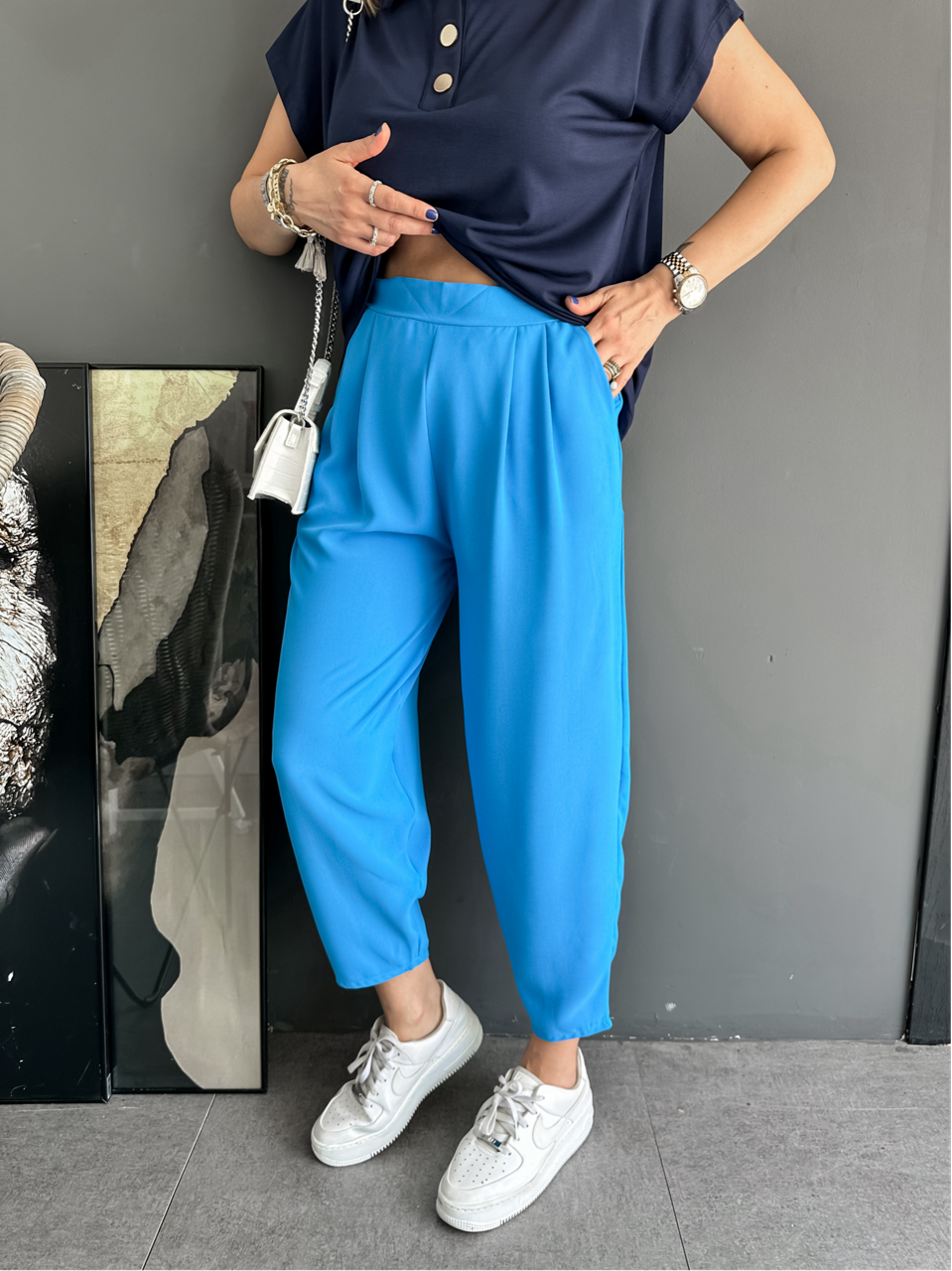 Mavi Beli Lastikli Pilili Pantolon