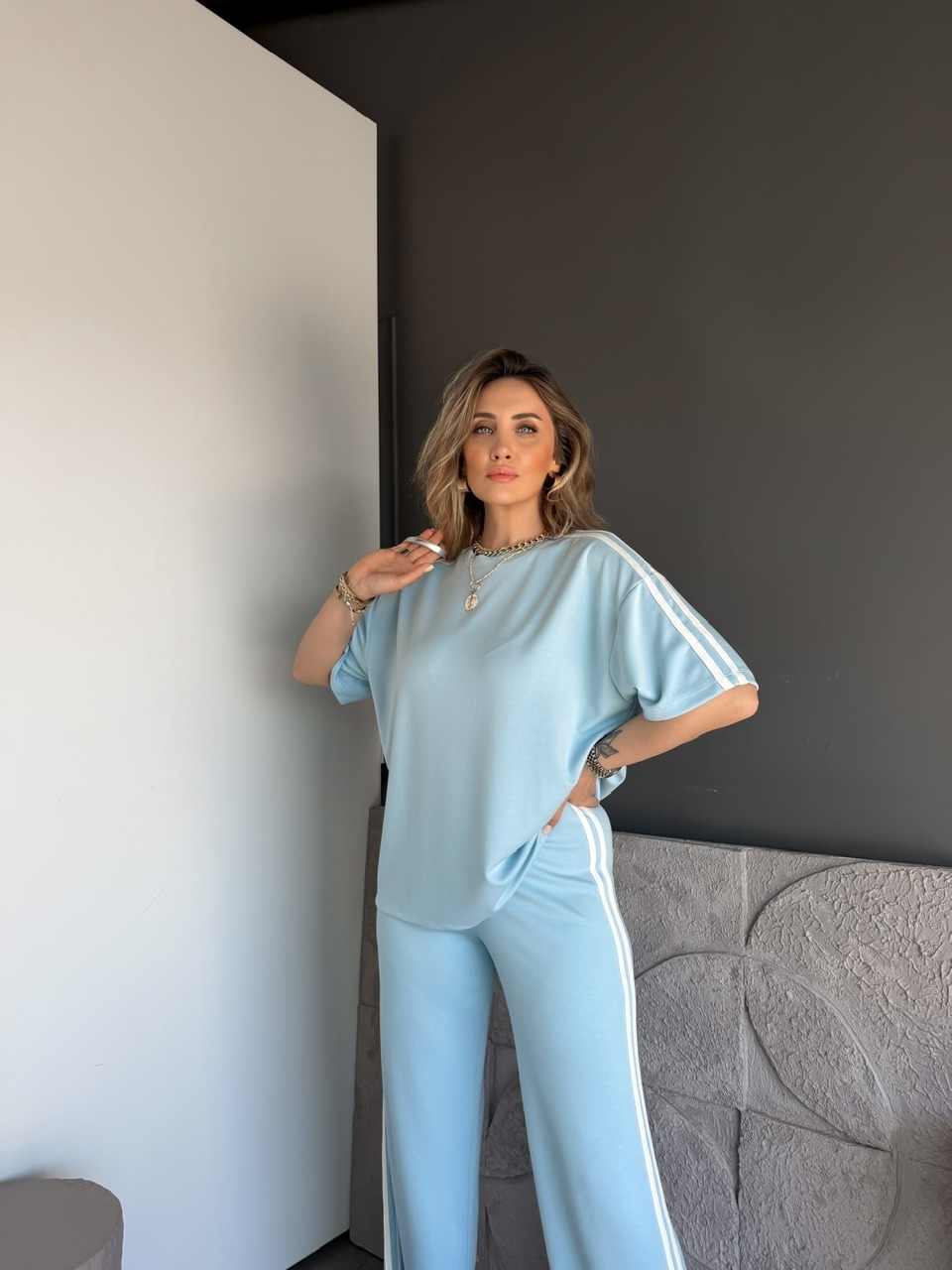 Mavi Beyaz Biyeli Modal Basic Takım