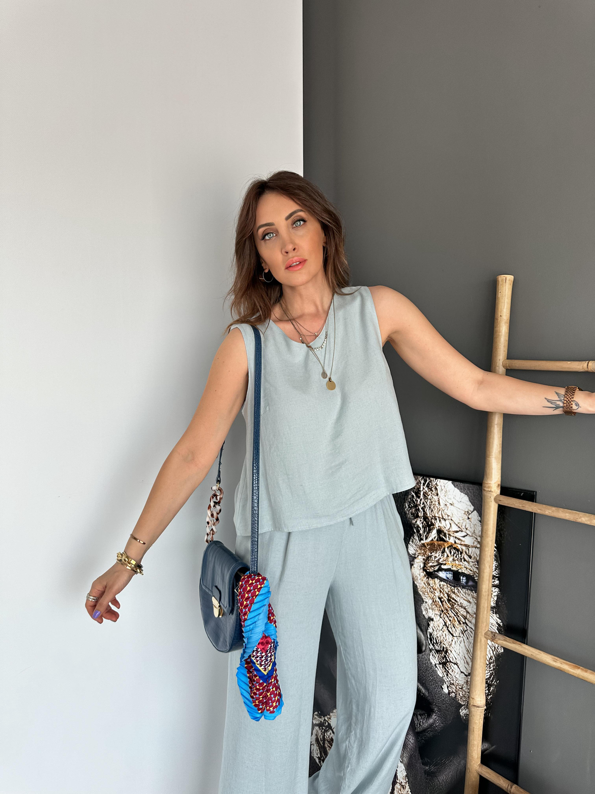 Mavi Bluz Pantolon Keten Takım