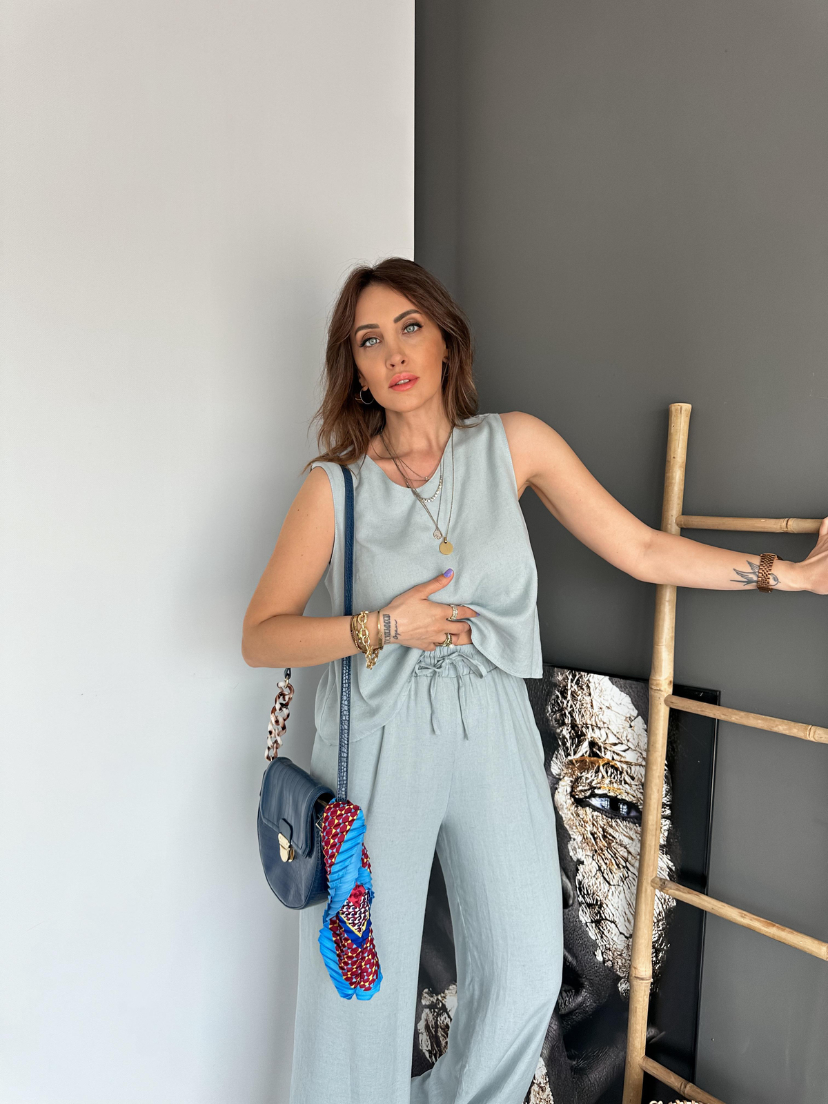 Mavi Bluz Pantolon Keten Takım