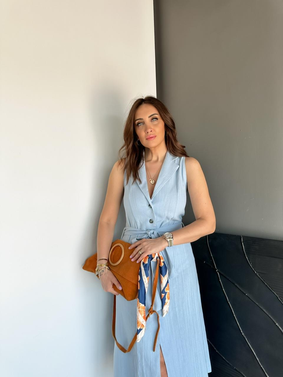 Mavi Ceket Yaka Düğmeli Keten Elbise