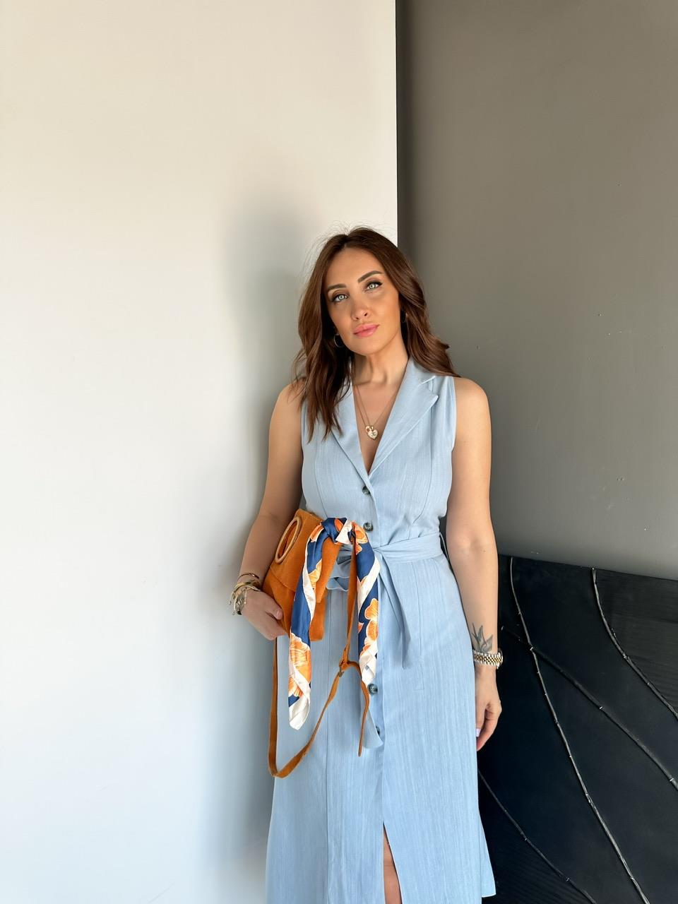 Mavi Ceket Yaka Düğmeli Keten Elbise