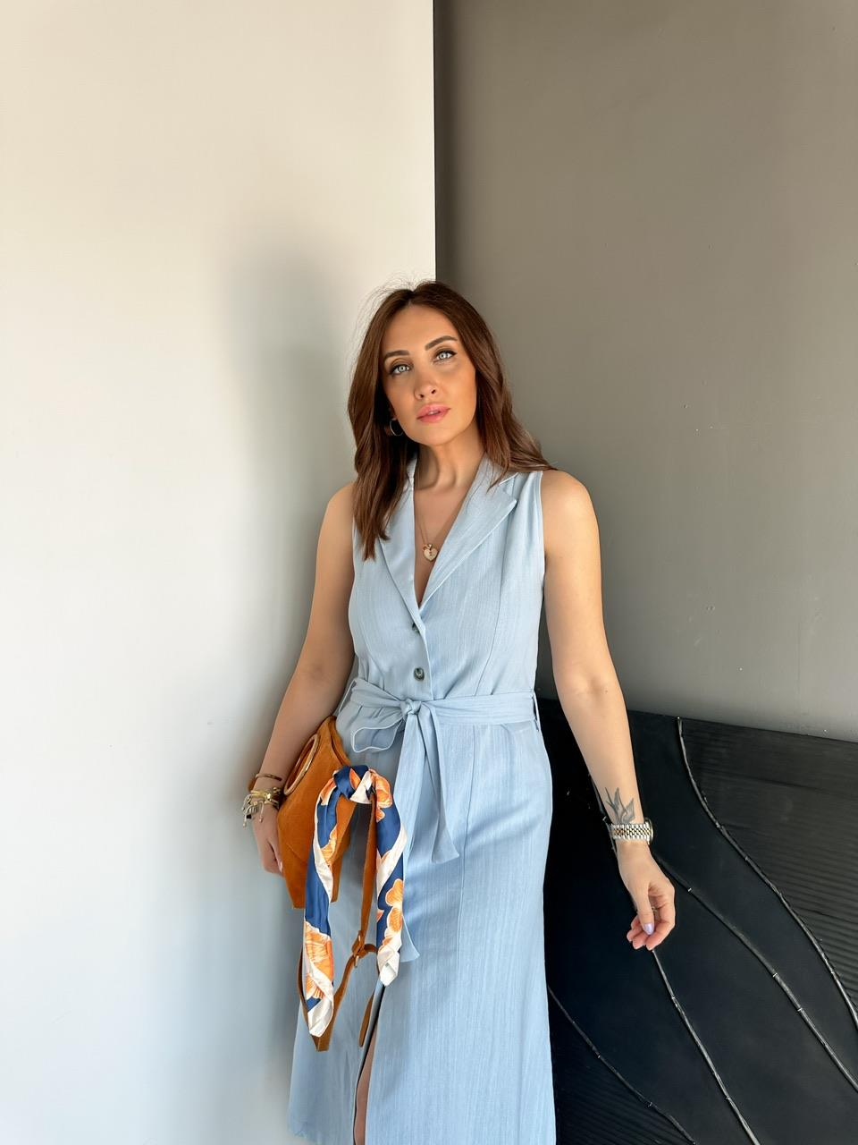 Mavi Ceket Yaka Düğmeli Keten Elbise