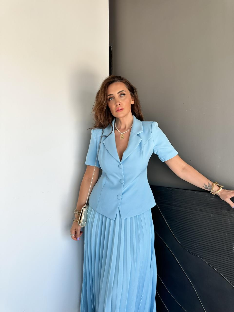 Mavi Ceketli Pileli Etekli Takım