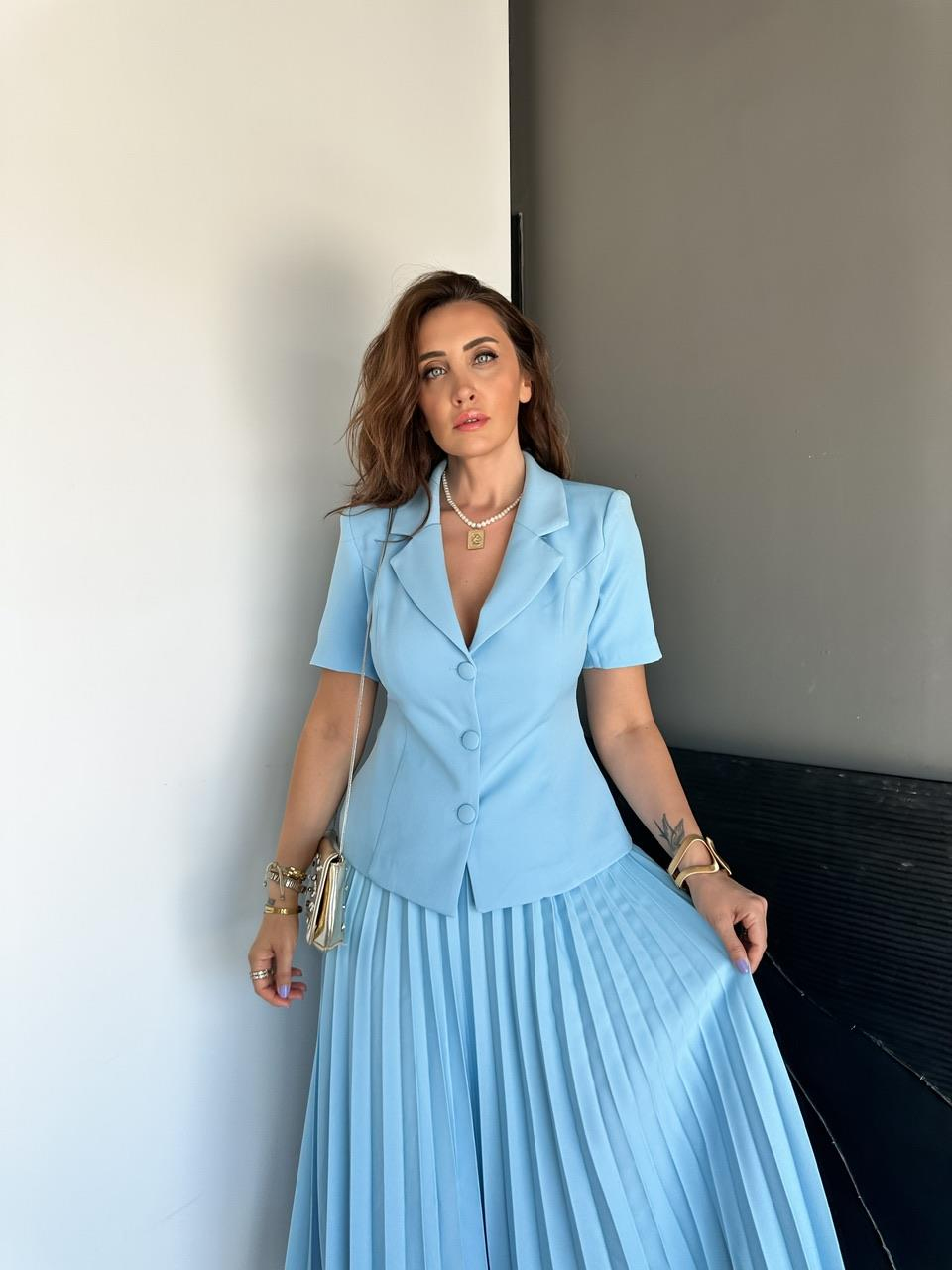 Mavi Ceketli Pileli Etekli Takım