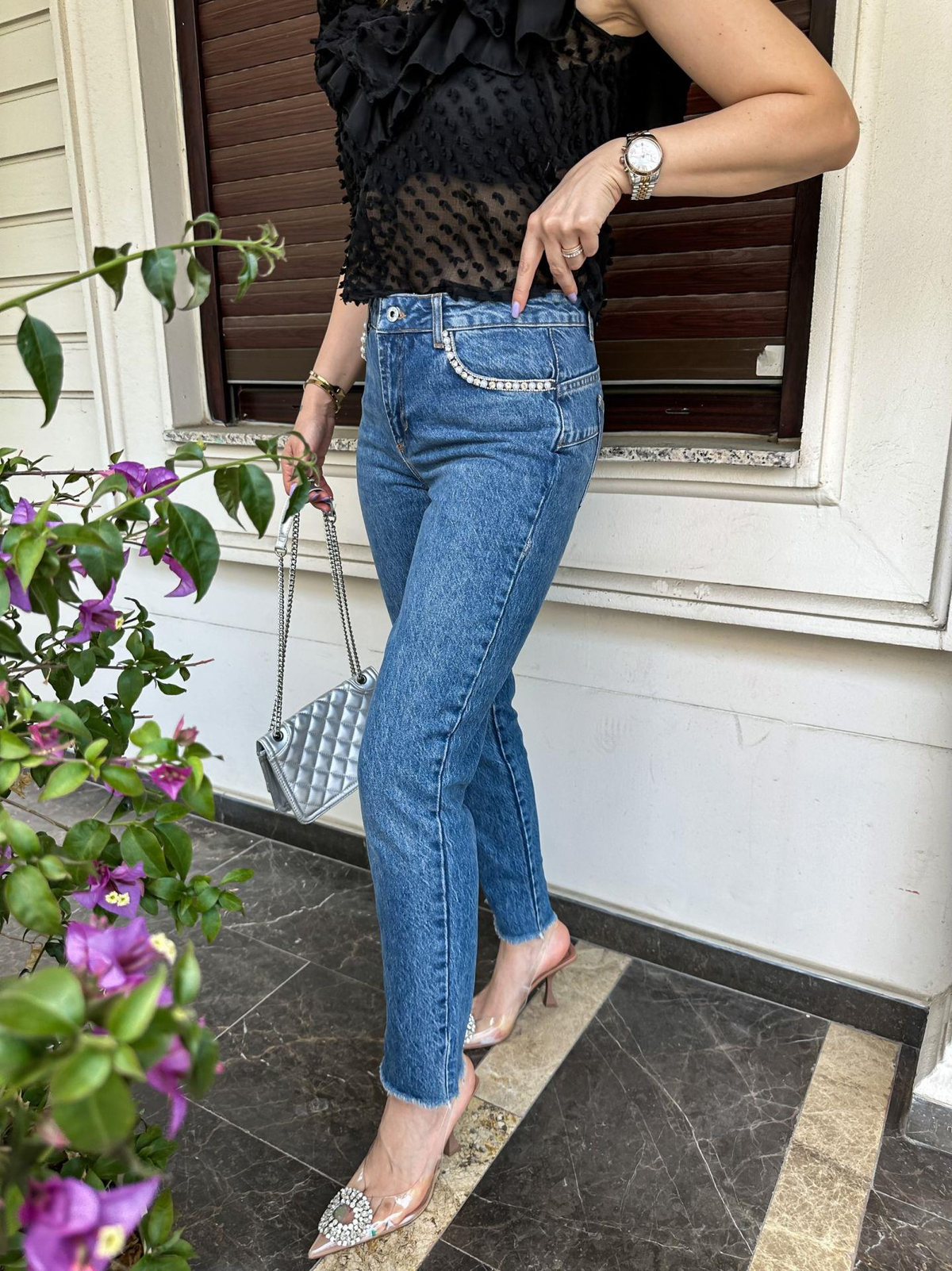 Mavi Cepleri Taşlı Jean