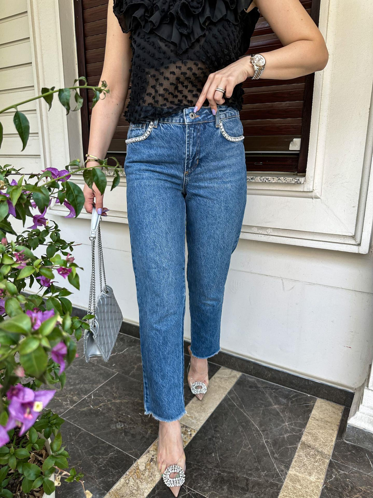 Mavi Cepleri Taşlı Jean