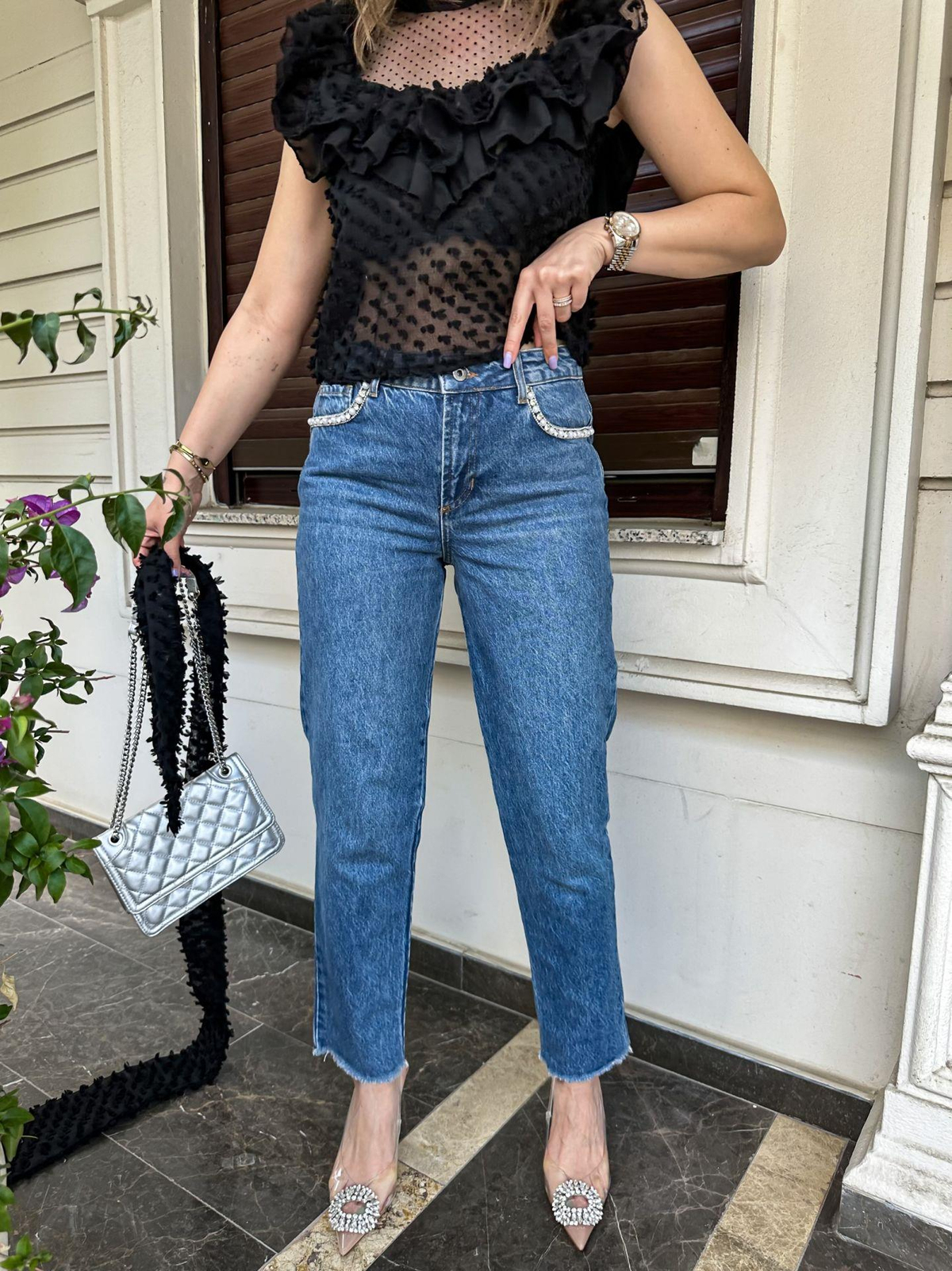 Mavi Cepleri Taşlı Jean