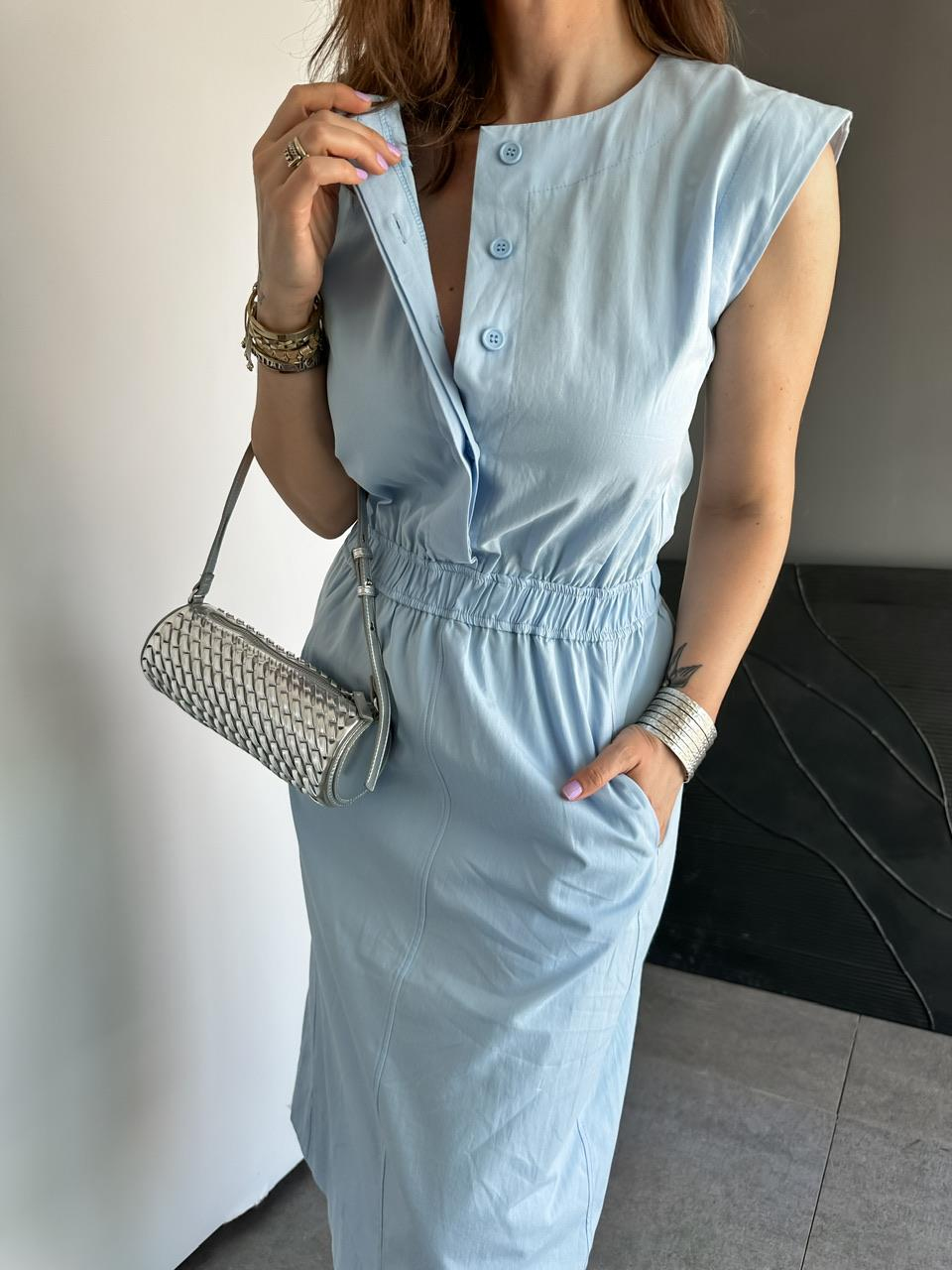 Mavi Cepli Beli Lastikli Poplin Elbise