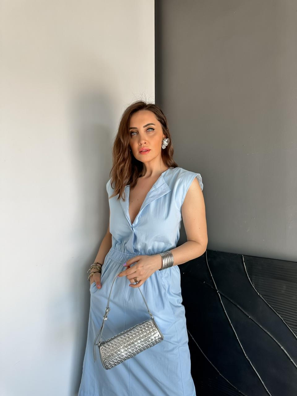 Mavi Cepli Beli Lastikli Poplin Elbise