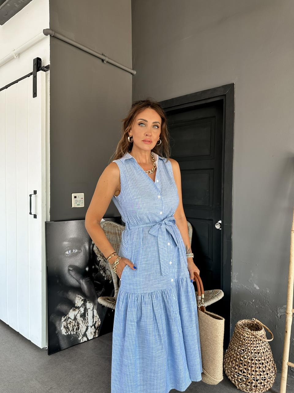 Mavi Çizgili Beli Kuşaklı Kolsuz Elbise 