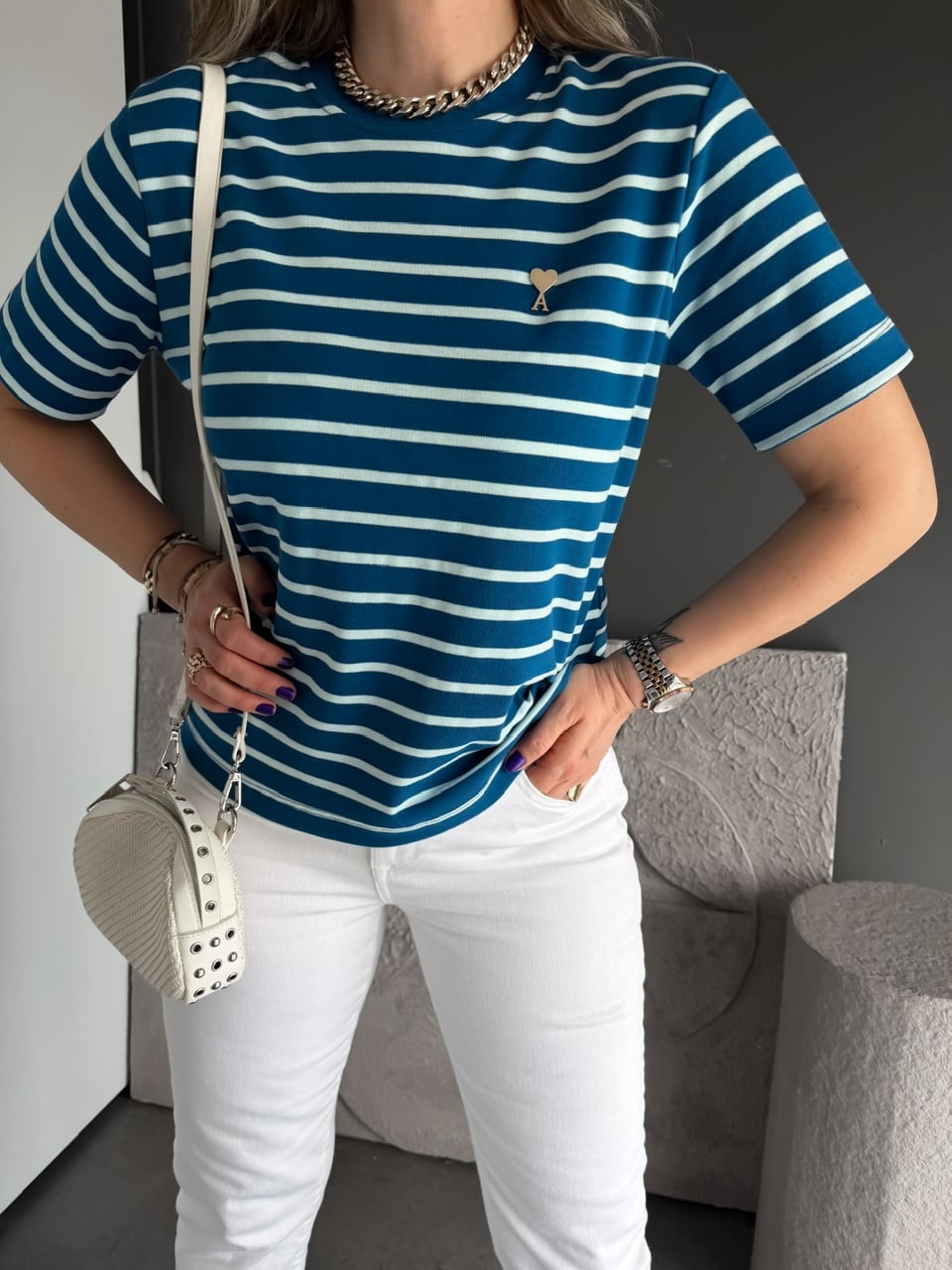 Mavi Çizgili Cotton Ami Tshirt