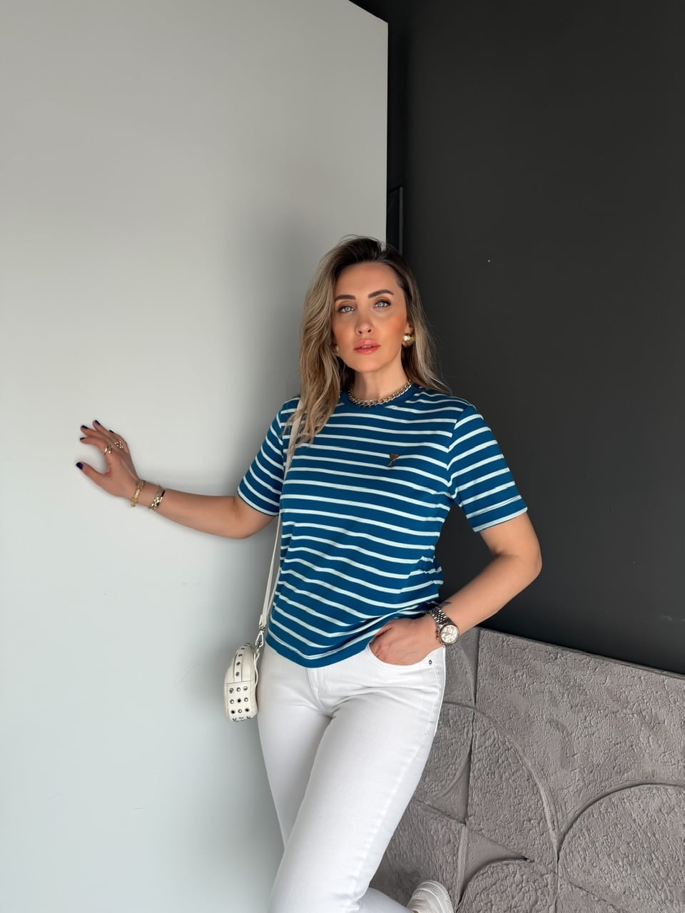 Mavi Çizgili Cotton Ami Tshirt