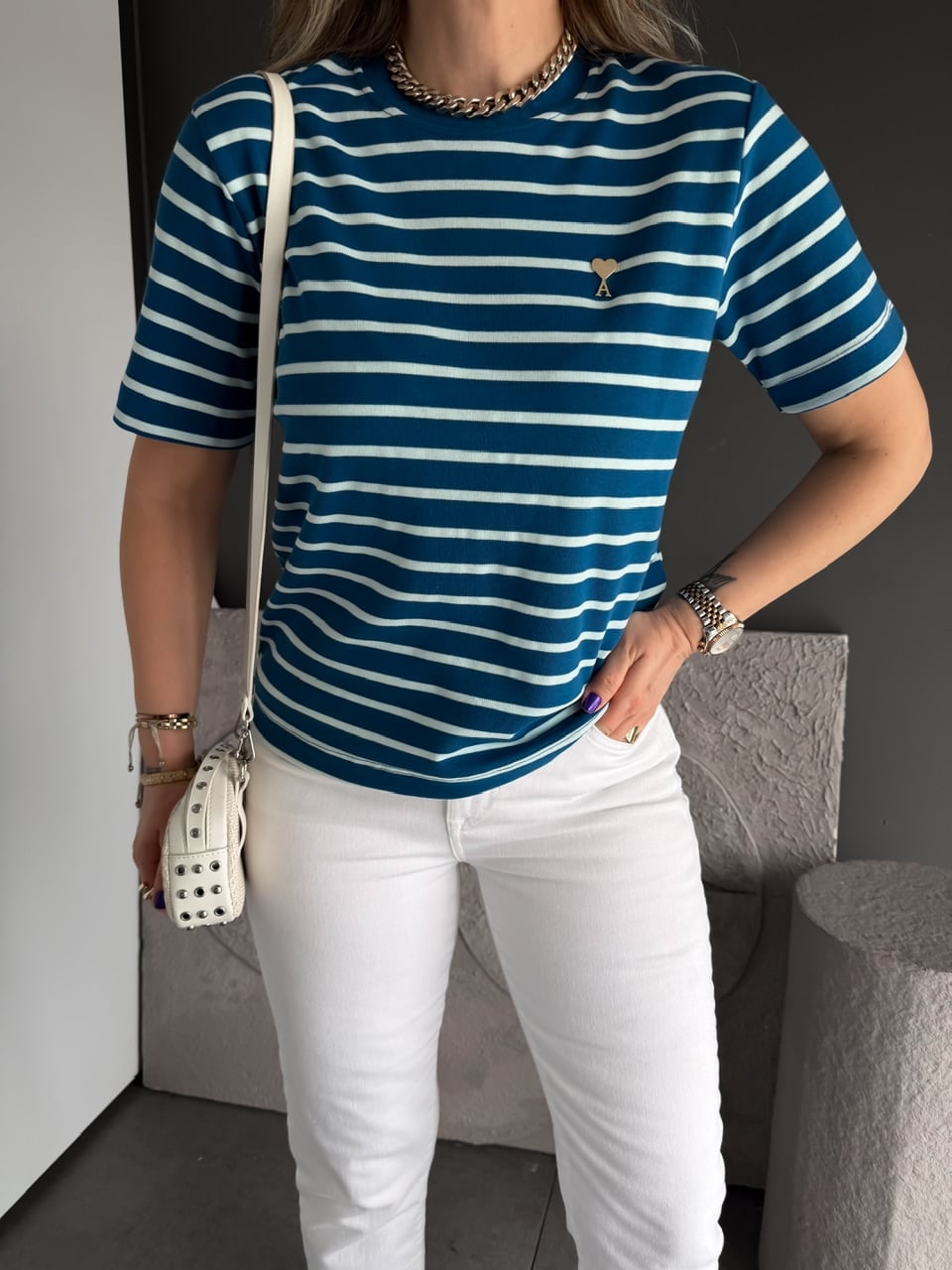 Mavi Çizgili Cotton Ami Tshirt