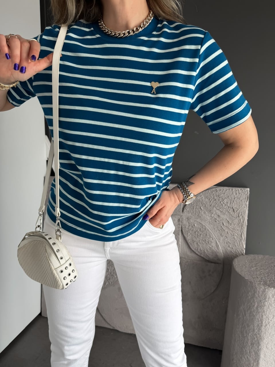 Mavi Çizgili Cotton Ami Tshirt