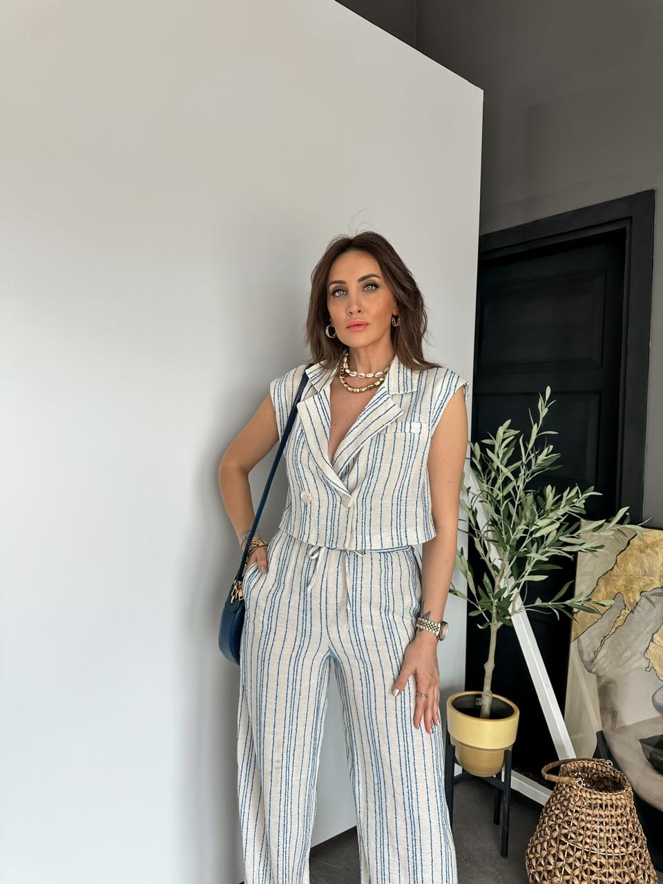 Mavi Çizgili Dokulu Keten Takım