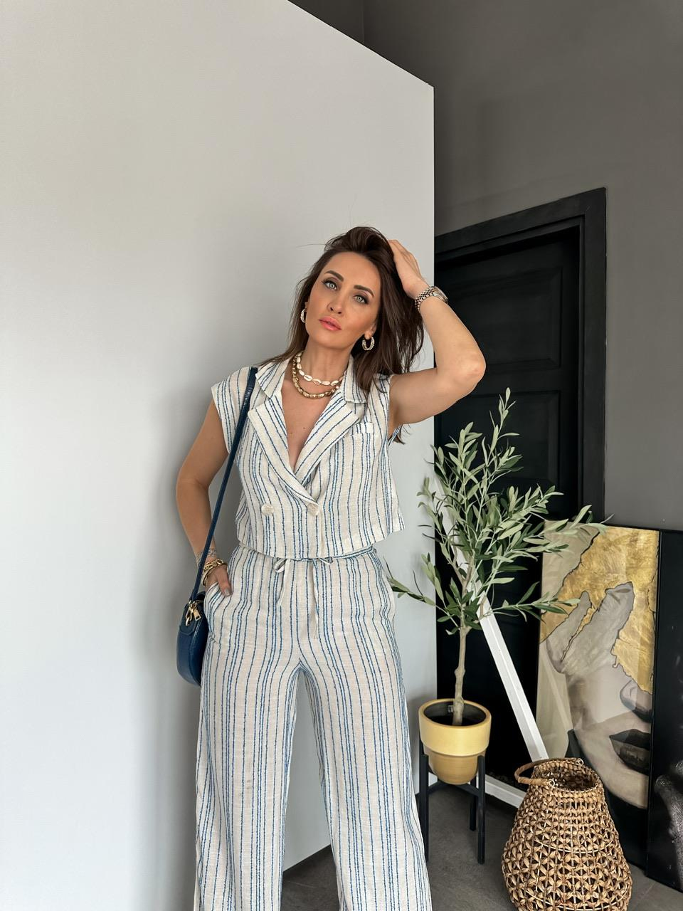 Mavi Çizgili Dokulu Keten Takım