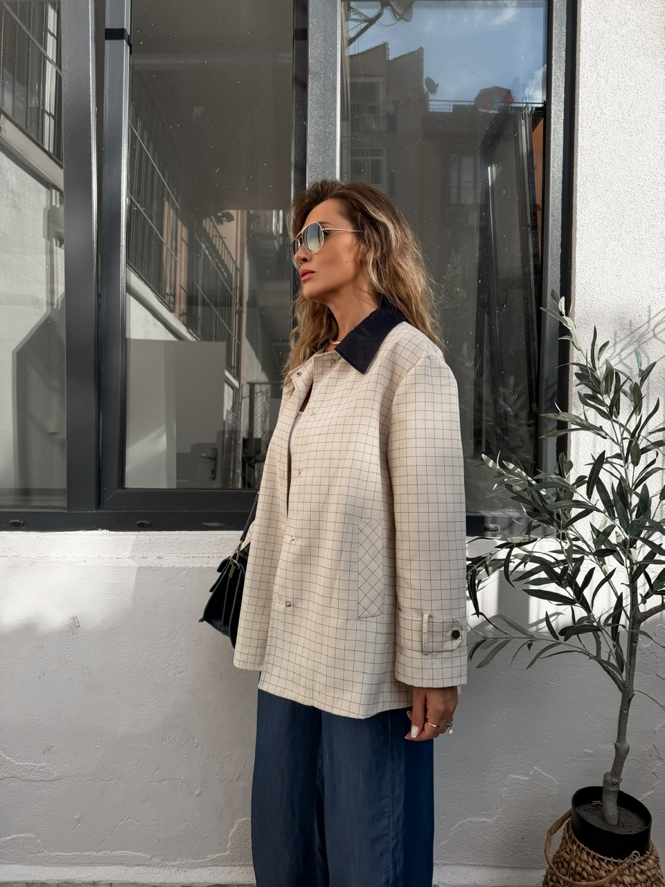 Mavi Çizgili Kareli Oversize Trençkot