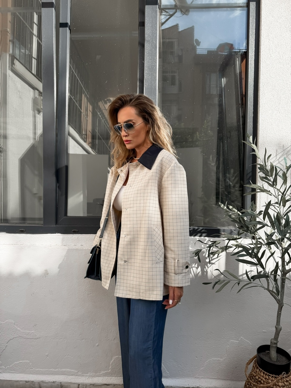 Mavi Çizgili Kareli Oversize Trençkot