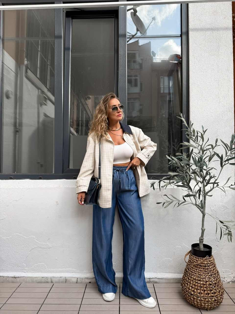 Mavi Çizgili Kareli Oversize Trençkot