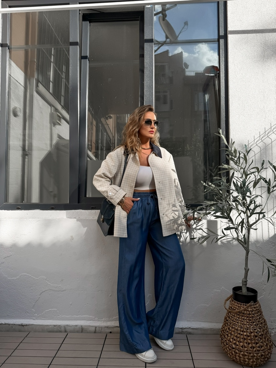 Mavi Çizgili Kareli Oversize Trençkot