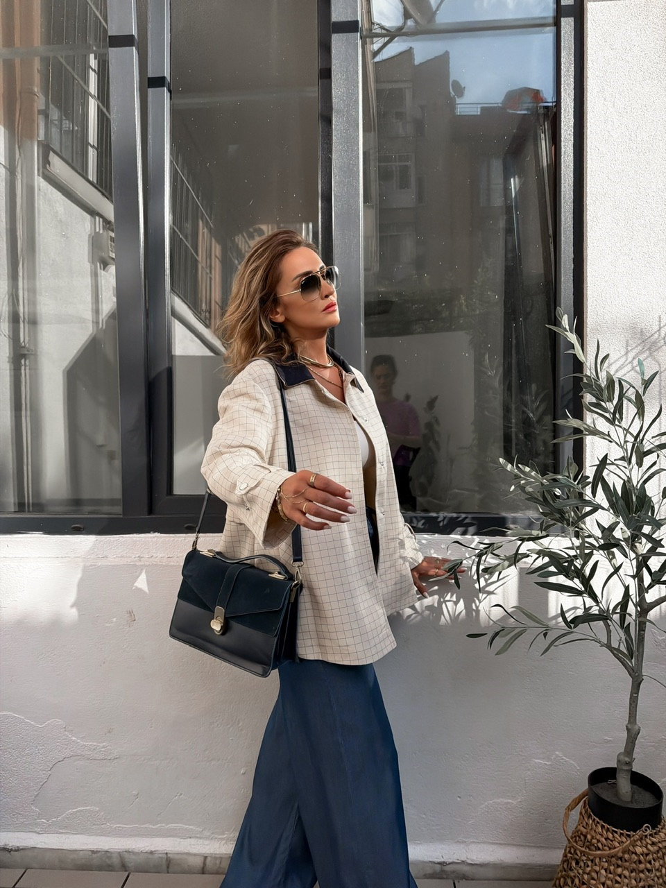 Mavi Çizgili Kareli Oversize Trençkot