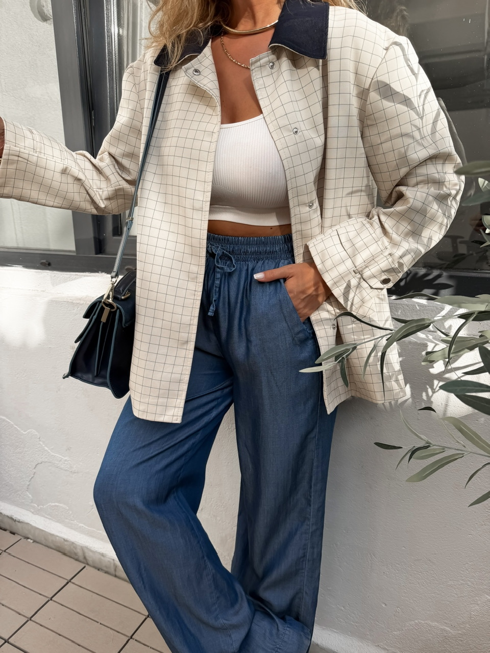 Mavi Çizgili Kareli Oversize Trençkot