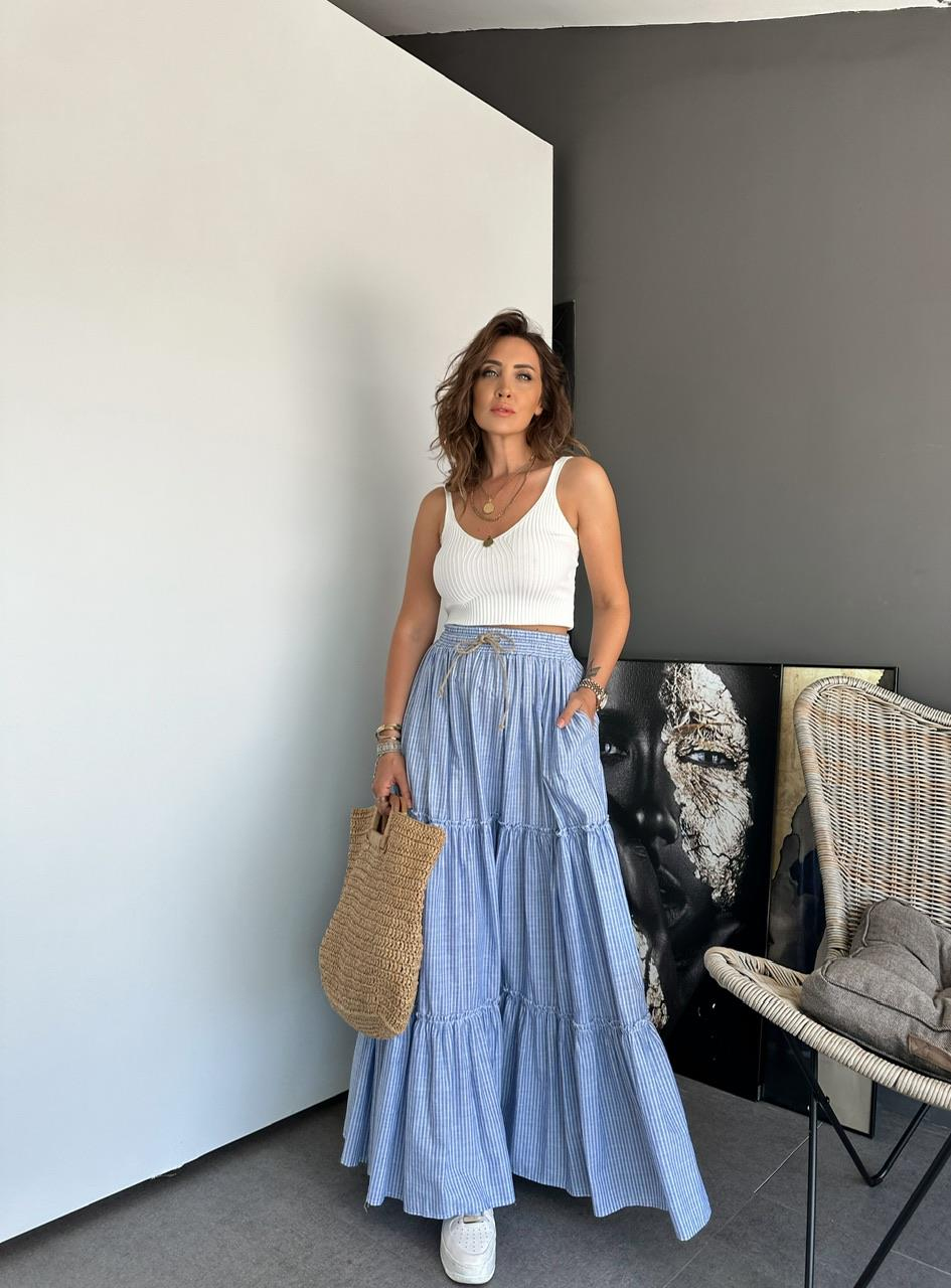 Mavi Çizgili Maxi Keten Etek