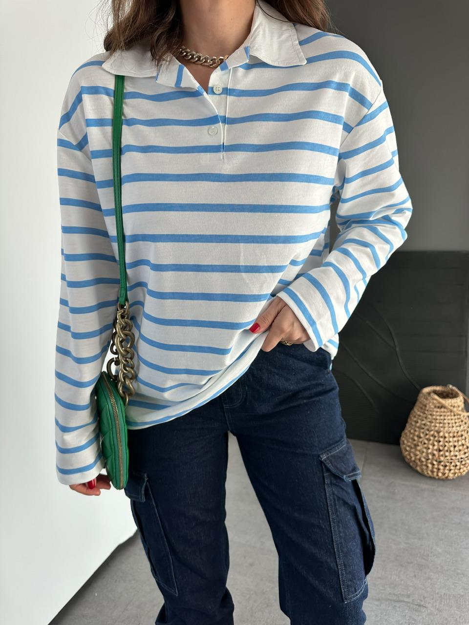 Mavi Çizgili Polo Yaka Sweatshirt