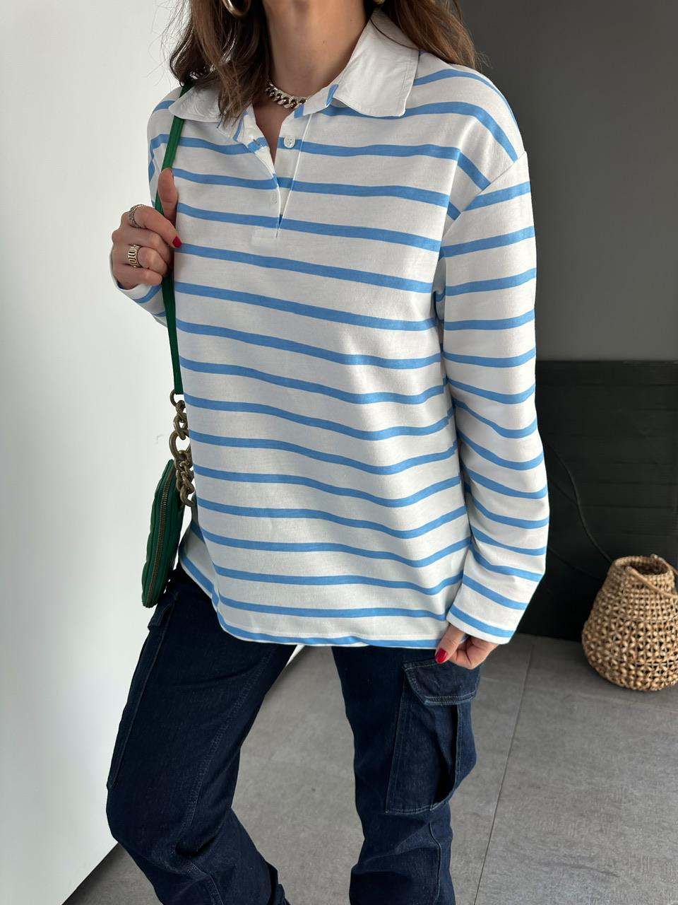 Mavi Çizgili Polo Yaka Sweatshirt