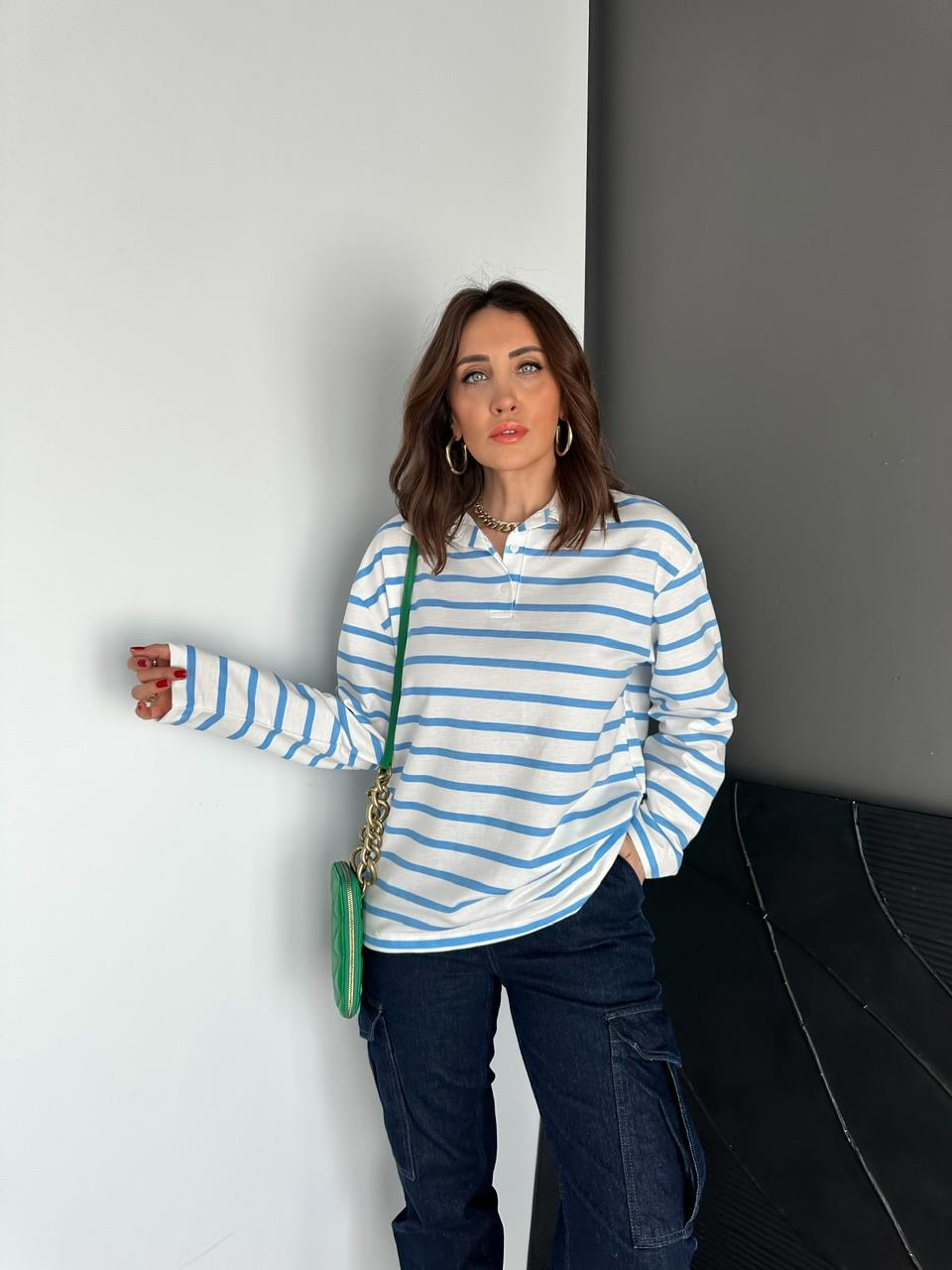 Mavi Çizgili Polo Yaka Sweatshirt
