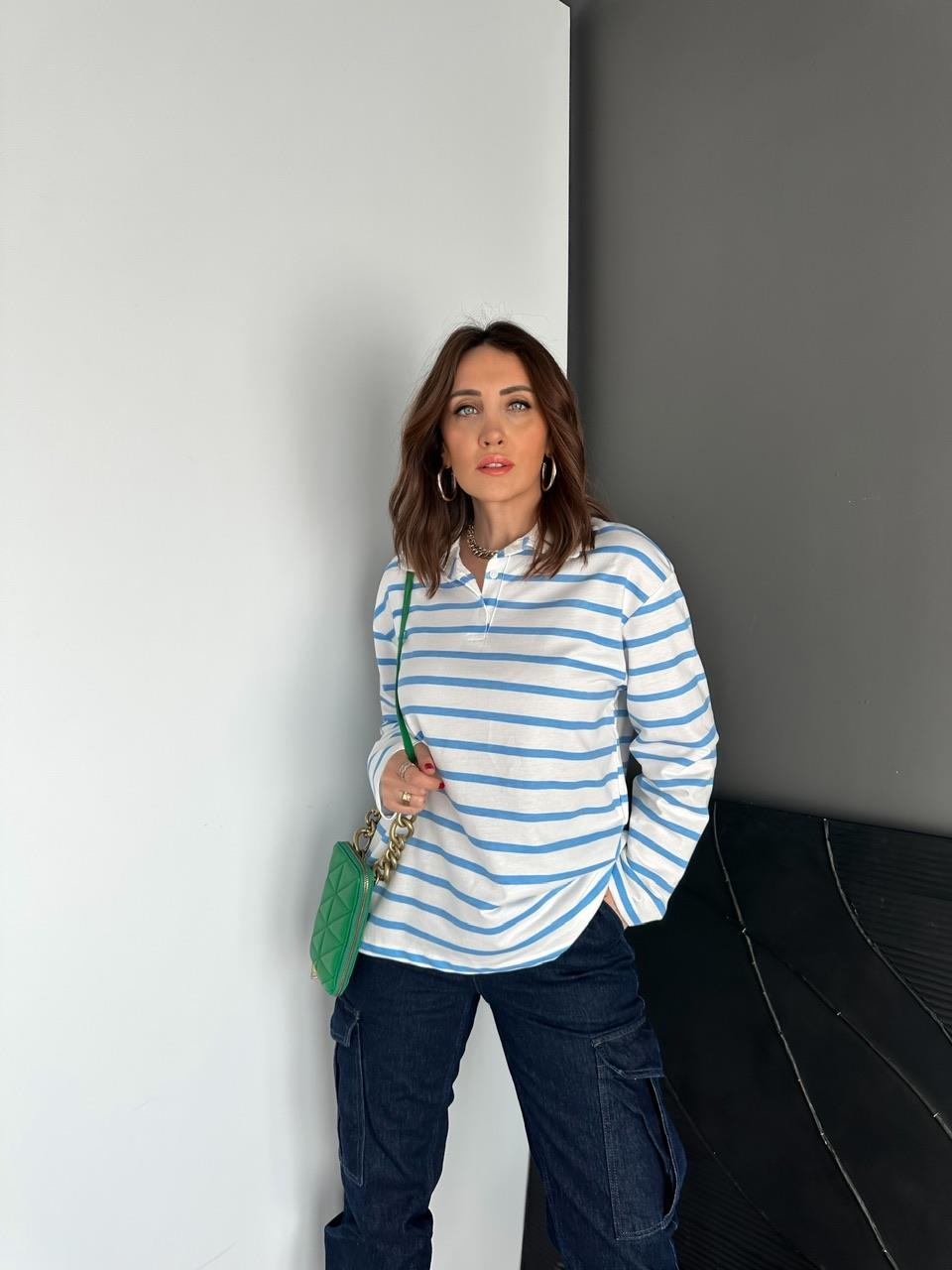 Mavi Çizgili Polo Yaka Sweatshirt